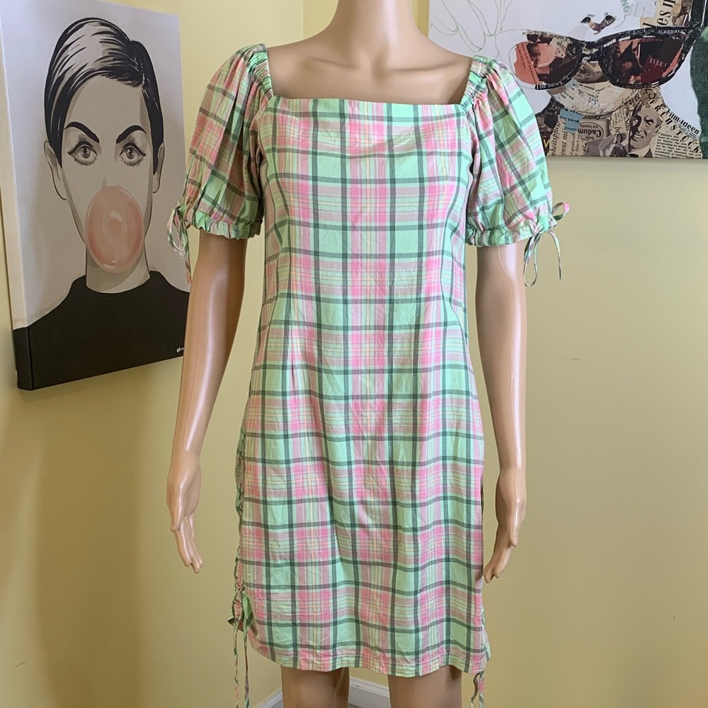 THE RAGGED PRIEST Memory Ruched Mini Dress in Green/Pink Plaid, Size Small - Picture 5 of 6
